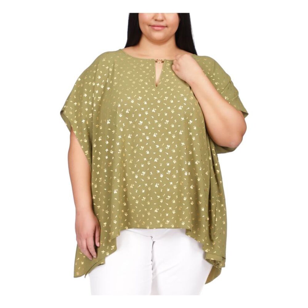 MICHAEL KORS Womens Green Flutter Sleeve Keyhole Top Plus 2X